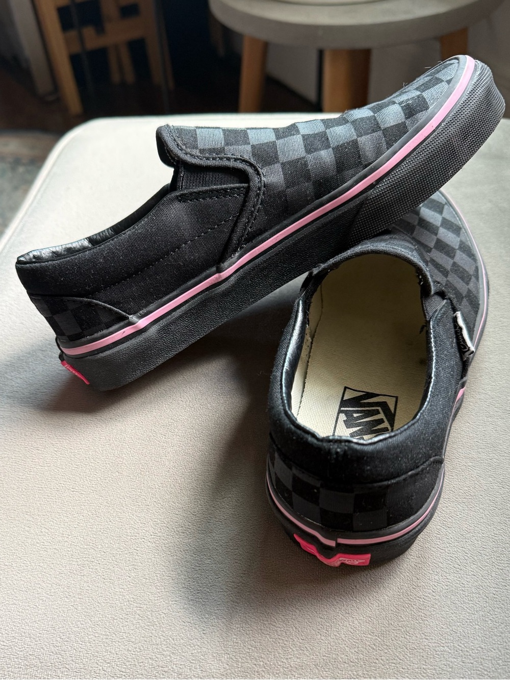 Black Checkerboard Slip-On Vans with Pink Accent size 6.5 - Picture 2 of 3